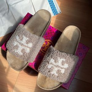 Tory Burch Double T Shearling Flatform Cork slides.